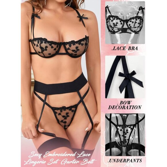 Women's Black Lingerie Set Garter Belt 3 Piece Sheer Underwire Bra And Panty Set - Picture 3 of 6